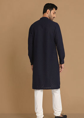 alt message - Manyavar Men Navy Blue Side Open Kurta Pajama image number 2